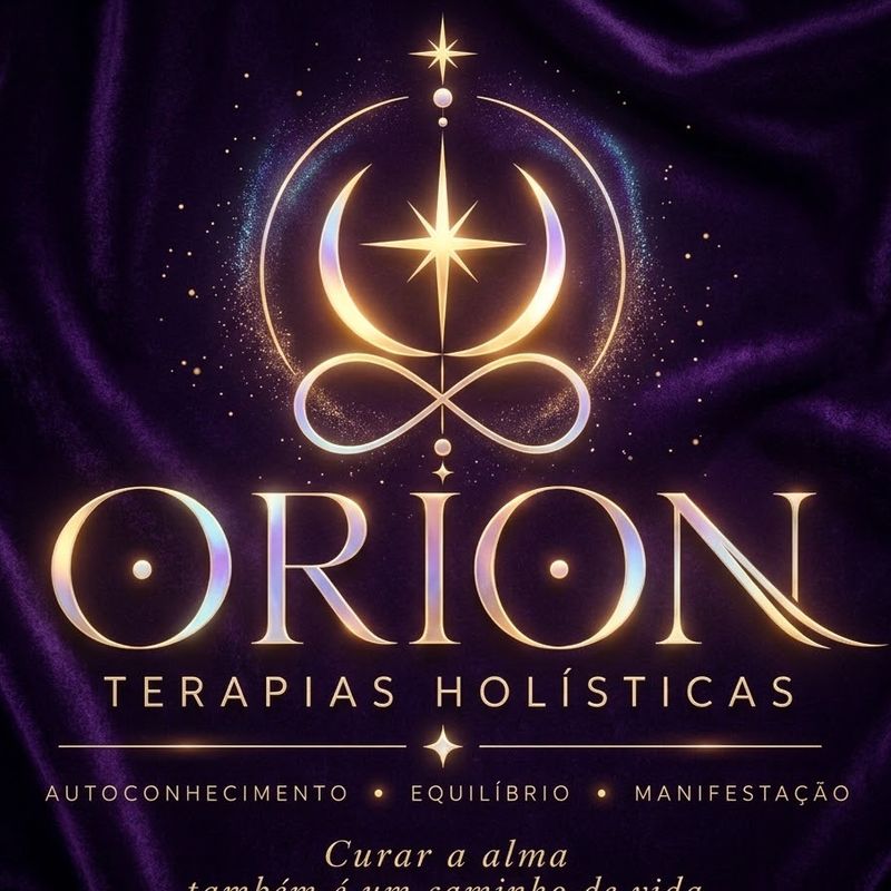 Símbolo da Orion Terapias Holísticas: lua crescente, estrela de quatro pontas e infinito em dourado sobre veludo roxo